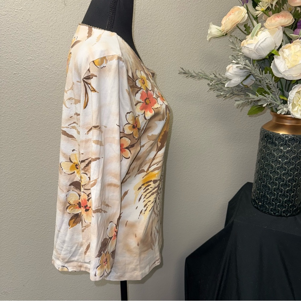 Alfred Dunner Floral Top Beige Brown 3/4 Sleeve Embellished Blouse - Picture 5 of 9